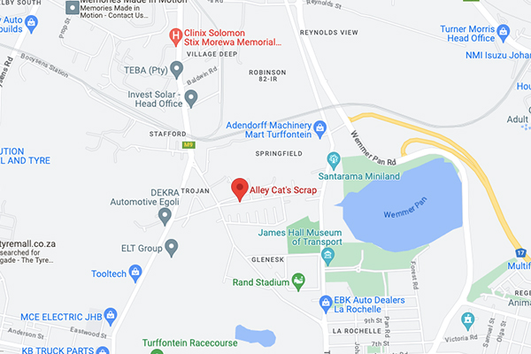 Map showing location of Alley Cat Metals at 14 Hippo Road, Springfield, Johannesburg